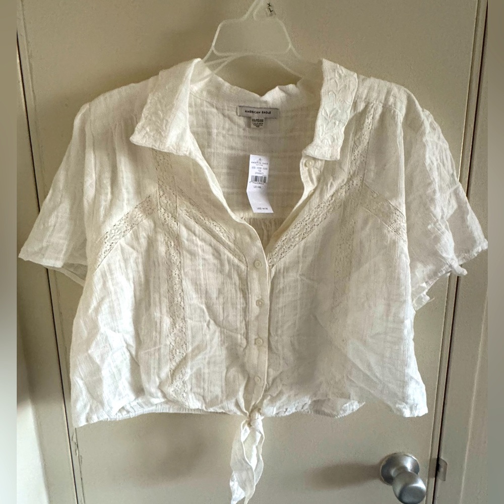 Cropped lace button down shirt